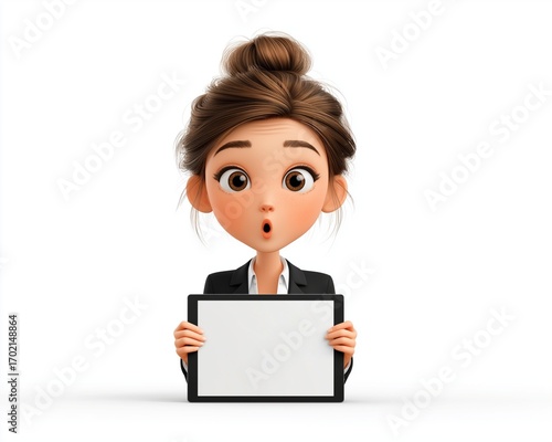 Surprised Business Woman with sign: An animated business woman expresses surprise with a blank tablet, ideal for your brand or message placement.Generative ai illustration