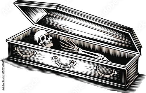 Open coffin with skeleton hand reaching out death bone