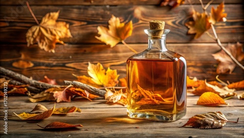 Glass Bottle with Golden Liquid Surrounded by Autumn Leaves