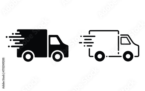 Two stylized truck icons one solid black and one outlined for delivery and transportation concepts