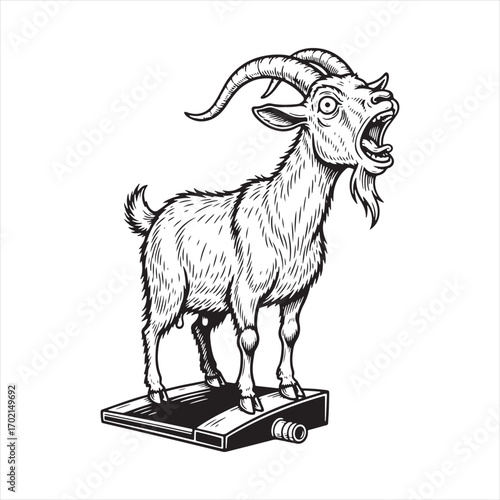 Screaming Goat Standing on Scale – Funny Cartoon Farm Animal Illustration in Black and White