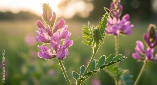 Close up of pink wildflowers blooming in a sunlit meadow during golden hour.