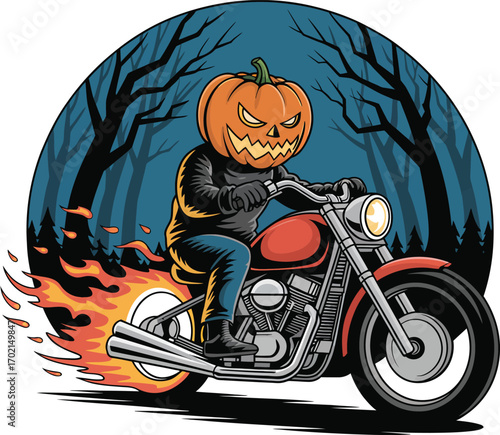 Jack O Lantern Rider on Motorcycle with Flames halloween