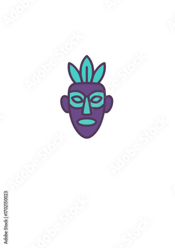 Stylized purple tribal mask icon with feathers, a spiritual ethnic face vector graphic symbol for cultural design projects 155155