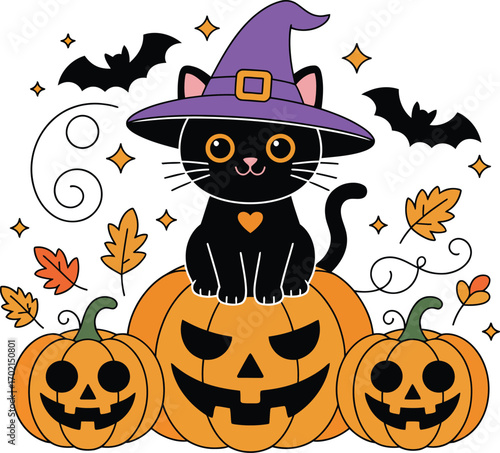 Black cat in witch hat on pumpkin with bats and leaves
