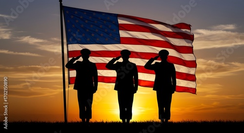 Veterans Day. National holiday of the USA. Soldier of USA. Three soldiers silhouetted saluting the American flag at sunset, symbolizing patriotism and respect.