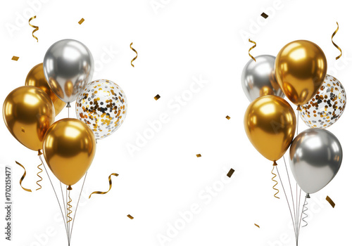 Gold and silver balloons with confetti decoration isolated on transparent background