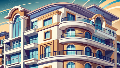 Fragment of a stylish residential building, showcasing curved balconies, light stone cladding, and subtle accent lighting, blending timeless European architecture with modern elegance and inviting aes