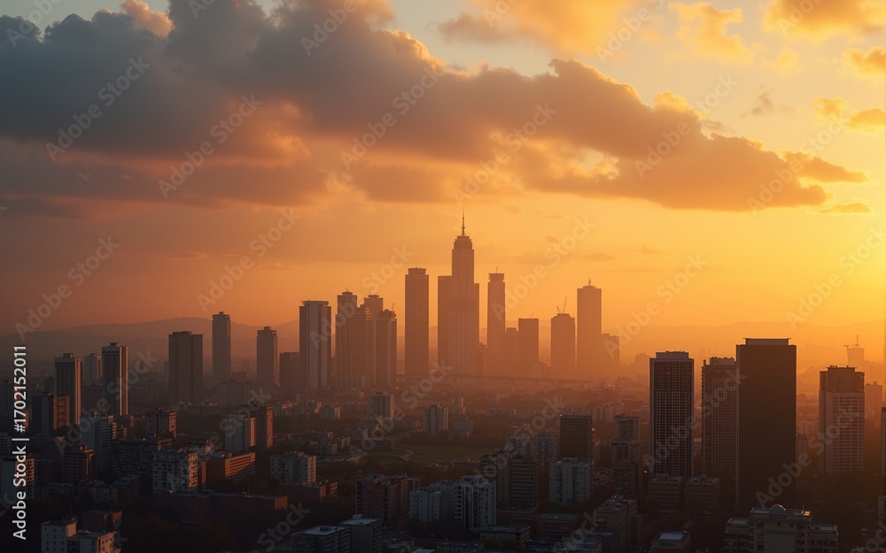 Fototapeta premium Golden Clouds Illuminate Cityscape at Sunset. High quality