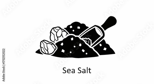 Vector art of pile of sea salt with a scoop and large crystals