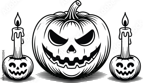 Jackolantern with two candles on white background halloween