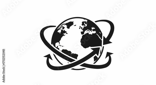 Vector art of stylized globe with orbiting arrows, representing global connection and movement