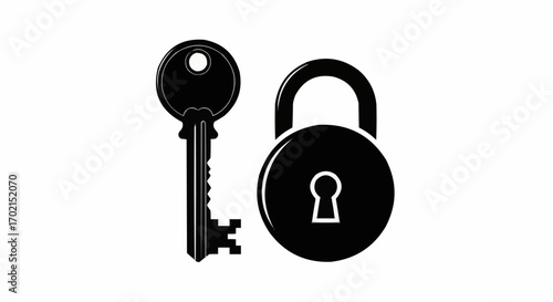 Vector art of black silhouette of a key and a padlock