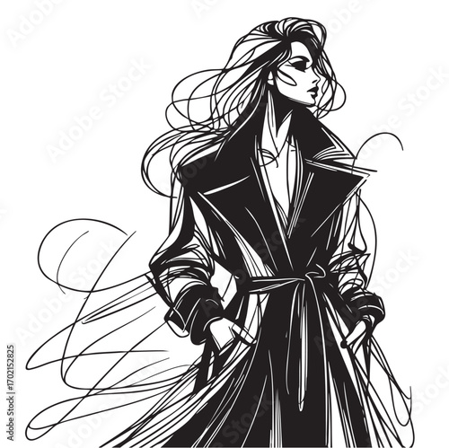 Stylish fashion models. Fashion girls Sketch. Woman in coat