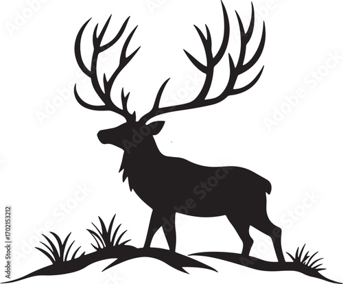 Deer Silhouette with Large Antlers – Wild Animal Vector Illustration Standing on Grass Hill for Nature and Wildlife Design