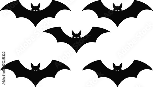 Five black bat silhouettes with white eyes on white background