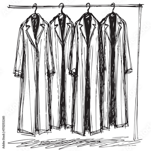 Hand drawn wardrobe sketch. Clothes on the hangers