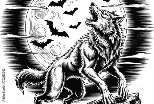 Black and white howling wolf with bats and moon night