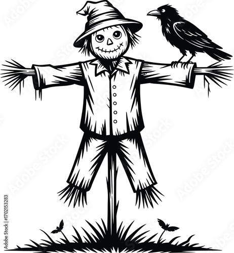 Black and white scarecrow with crow on shoulder and grass