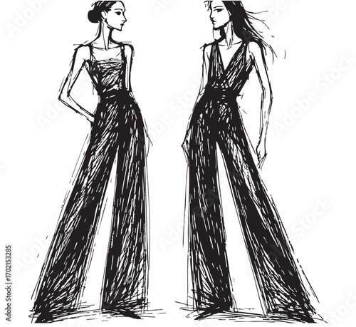 Fashion Model Silhouette in Black Pants. Stylish retro Woman Figure in Elegant Black and White Illustration