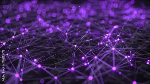 Digital Network: An intricate network of glowing nodes and interconnected lines pulses with radiant purple light, symbolizing connection, data flow, and the digital world.