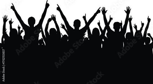 Crowd of People Silhouettes Raising Hands in Celebration, Excited Audience, Party, Concert, Festival, Unity, Group Energy Vector Illustration