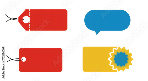 Set of colorful vector price tags, speech bubble, and promotional banner templates