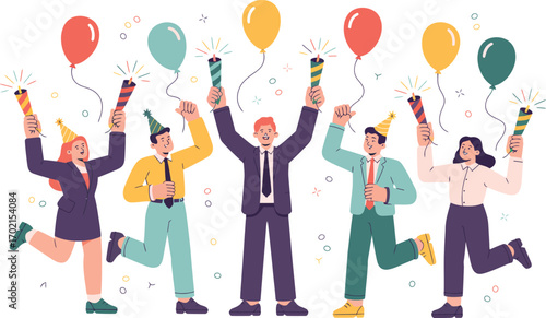 Five people celebrating with balloons and party poppers