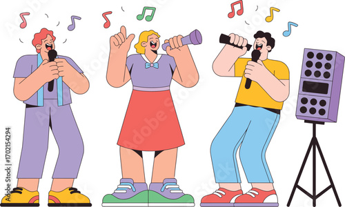Three people singing with microphones and speaker music