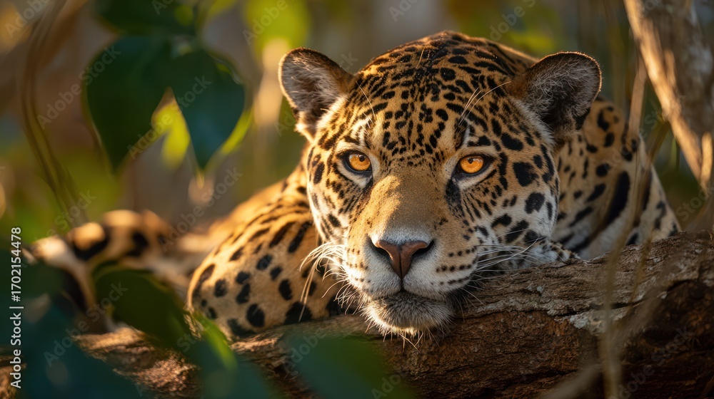 Fototapeta premium Majestic Jaguar Resting on a Branch at Golden Hour