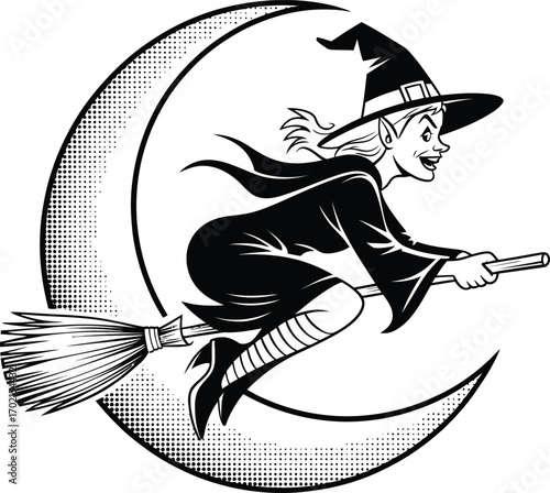 Witch flying on broomstick against crescent moon vector