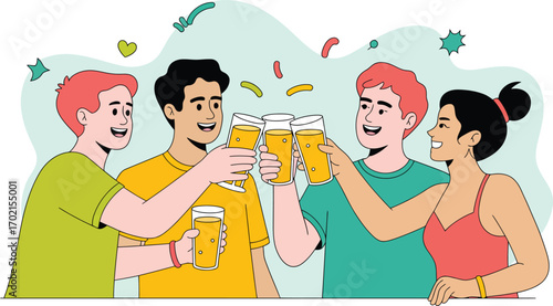 Four friends toasting with orange drinks at a party