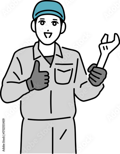 工具を持ってポーズをとっている作業着の男性のイラスト