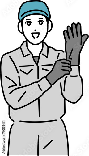 手袋をはめている作業着の男性のイラスト