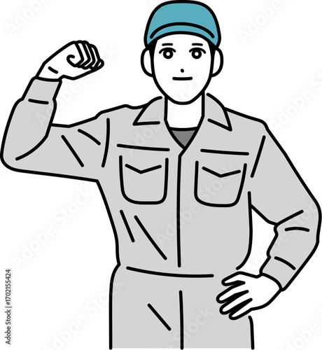 ガッツポーズをしている作業着の男性のイラスト
