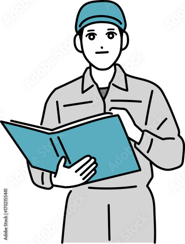 マニュアルを読む作業着の男性のイラスト
