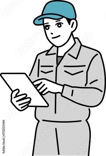 タブレットを操作している作業着の男性のイラスト