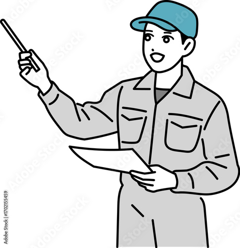 プレゼンをする作業着の男性のイラスト