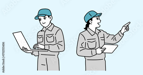 タブレットを持った作業員の男女のイラスト