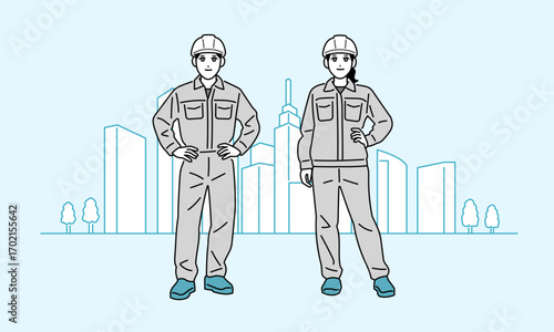 ヘルメットをしている作業員の男女の全身イラスト