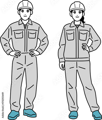 ヘルメットをしている作業員の男女の全身イラスト