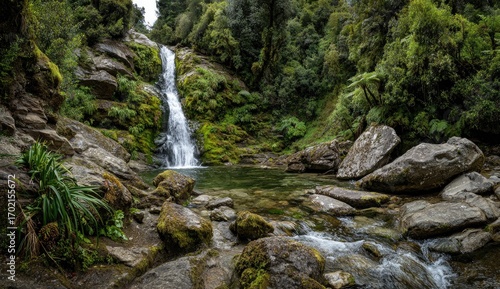 Lush waterfall cascading into a tranquil pool