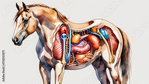 Artistic watercolor illustration of horse internal anatomy