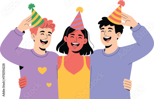 Three smiling people wearing party hats and embracing