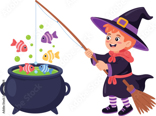 Cartoon witch fishing for striped fish in a cauldron