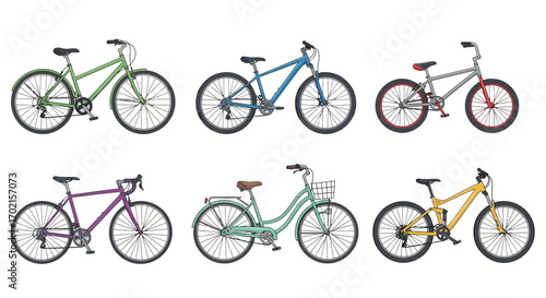 Six different bicycles are displayed in two rows, each with a unique color and style against a white background.