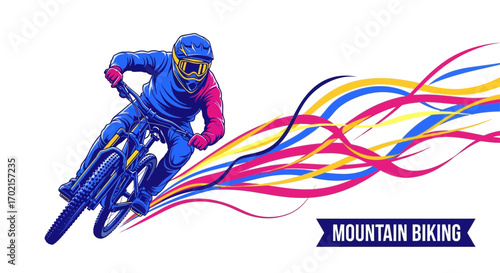 Illustration of a mountain biker in blue and pink gear riding downhill, with colorful abstract lines trailing behind.