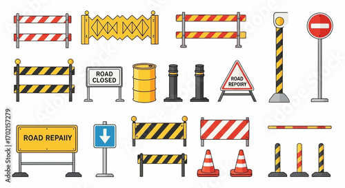 Collection of cartoon-style road construction and traffic safety signs, including barriers, cones, and warning signs.