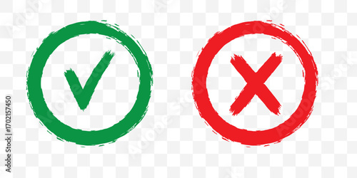 Check mark, tick and cross brush signs, green check mark OK and red X icons, symbols YES and NO button for vote, decision, election choice. Vector illustration.