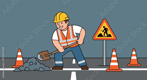 Cartoon illustration of a construction worker digging on a road with a shovel, wearing safety gear, near a construction sign and traffic cones.